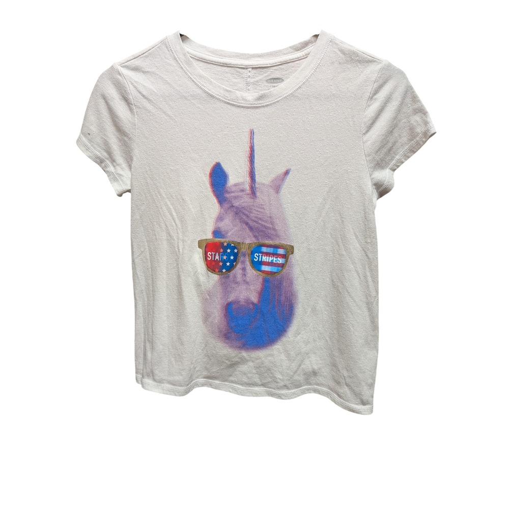 Old Navy Unicorn Graphic Tee Kids L 10-12 White Good Americana Twist Back